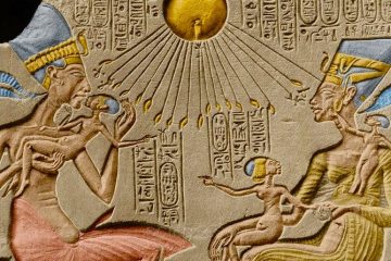 Akhenaten and Nefertiti worshipping the Aten sun disk at Tell el-Amarna.