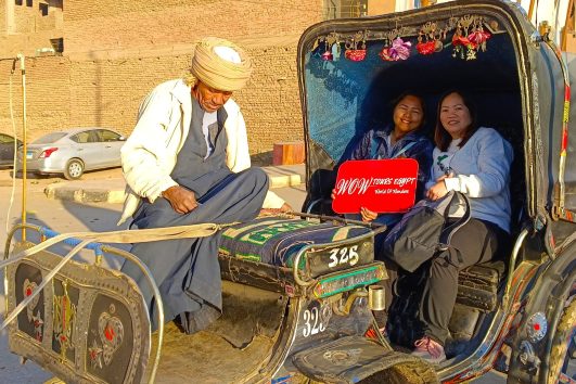Two ladies enjoying a traditional horse carriage ride in Aswan, exploring the city with WOW Tours Egypt.