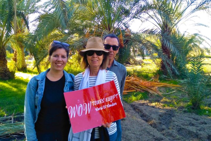 Travelers standing in a date palm farm in Rashid Egypt holding a WOW Tours Egypt sign during a local experience