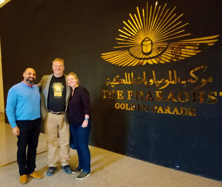 Travelers at National Museum of Egyptian Civilization Royal Mummies Hall in Cairo Egypt