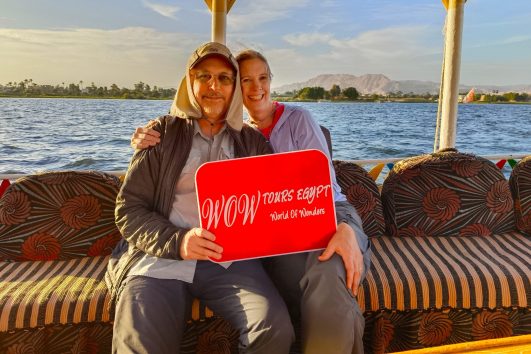 Happy couple enjoying a private felucca boat ride on the Nile in Aswan near Elephantine Island with WOW Tours Egypt. // Aswan front (8)